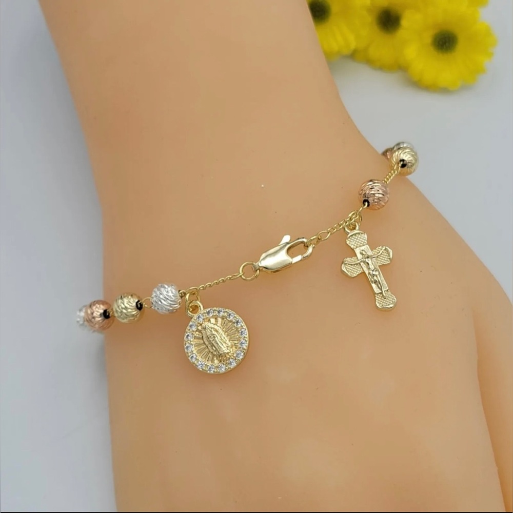 Tri Tone Gold Plated Virgen Guadalupe Jesus crucifix Rosary Bracelet Rosario